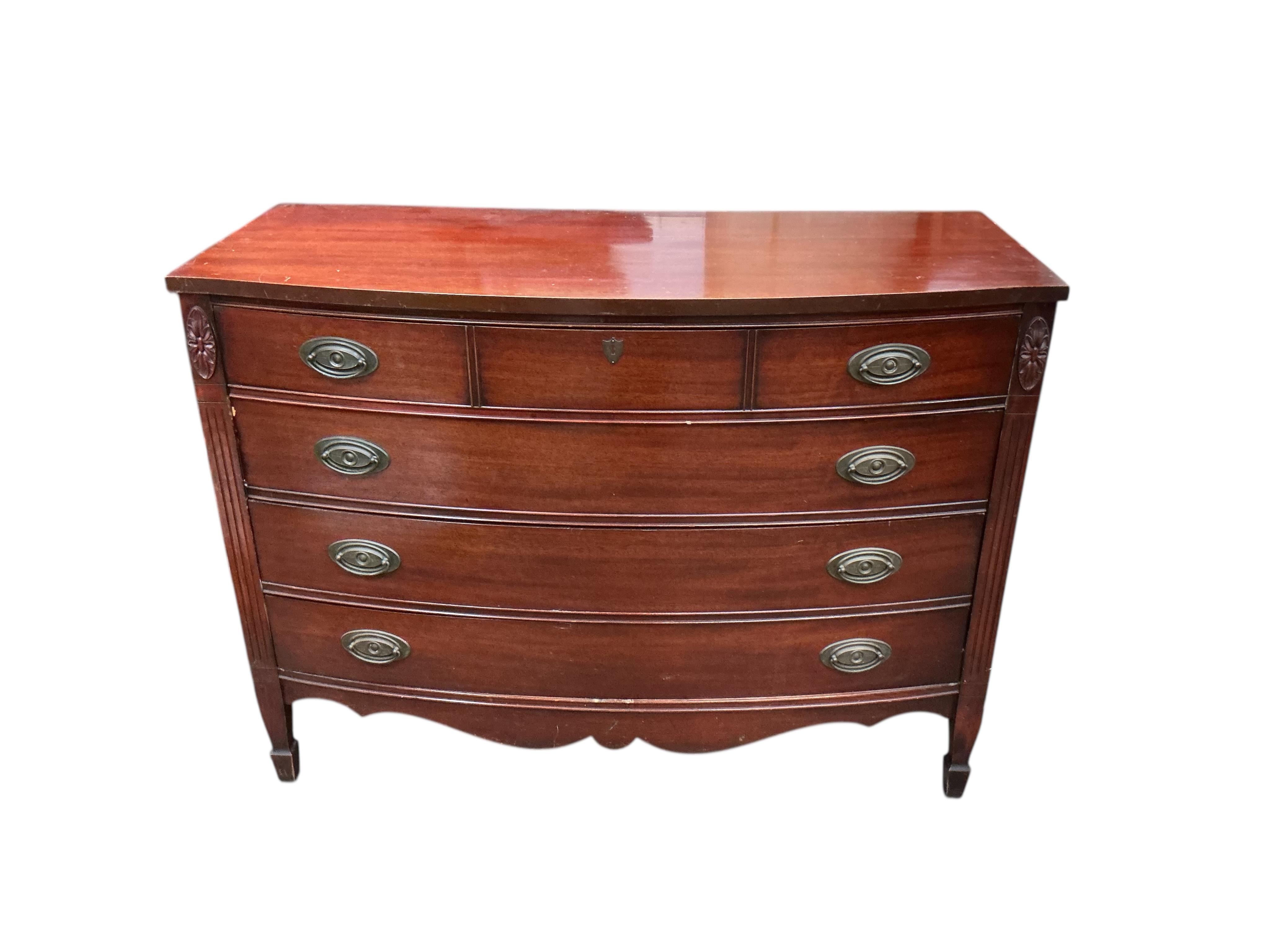 Two reproduction mahogany Dixie mahogany bowfront chests, larger width 120cm, depth 52cm, height 87cm
